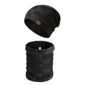 Winter Warm Knitted Beanie Hat And Neck Warmer Two Pieces Set - BLACK