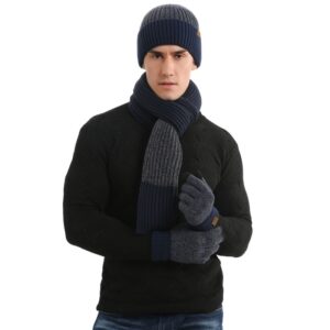 Unisex Contrast Color Knitted Hat And Touch Screen Gloves And Scarf Set - BLUE