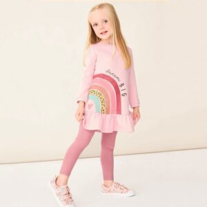 Girls Crewneck Long Sleeves Printed Ruffled Hem Dress - PINK