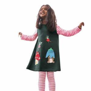 Girls Long Sleeves Crewneck Contrast Color Cute Cartoon Dress - BLACK