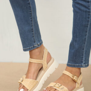 Buckle Detail Raffia Chunky Sandal In Beige