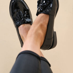 Black Patent Slip On Flatform Loafer Shoes With Tassle