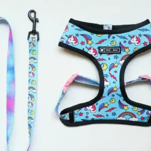 Printed Dog Harness & Leash Set - Blue Unicorn