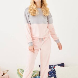 PINK & GREY WELLSOFT ANGORA FABRIC O-NECK LONG PYJAMA & LOUN