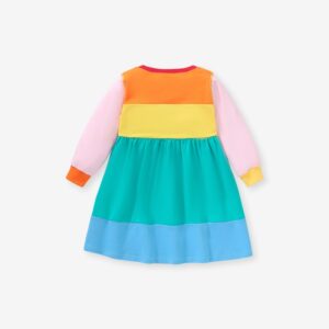 Girls Contrast Color Crewneck Long Sleeves A-Line Dress - COLORFUL