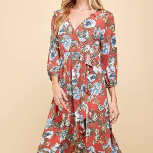 FLORAL PRINT V NECK MIDI DRESS