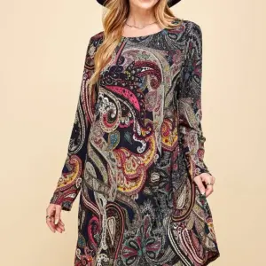 WOMEN MULTI PAISLEY PRINT POCKET ONE PIECE DRESS
