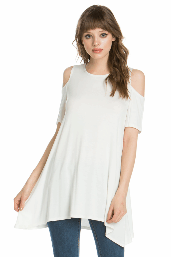 White Azules Women's Open Shoulder Short Sleeve Flowy Top Fashion T-Shirt